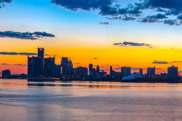 Colorful artwork of the Detroit Skyline at Sunset